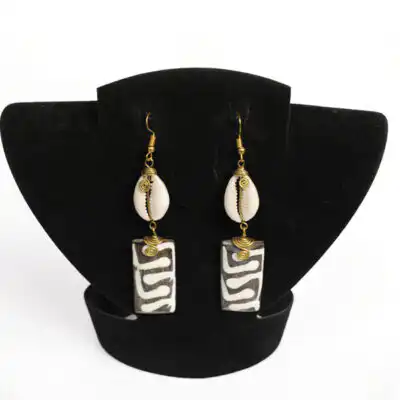 Cowrie with Black and White Rectangle Earrings – Handcrafted African Jewelry at Baobabmart