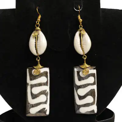 Cowrie with Black and White Rectangle Earrings – Handcrafted African Jewelry at Baobabmart