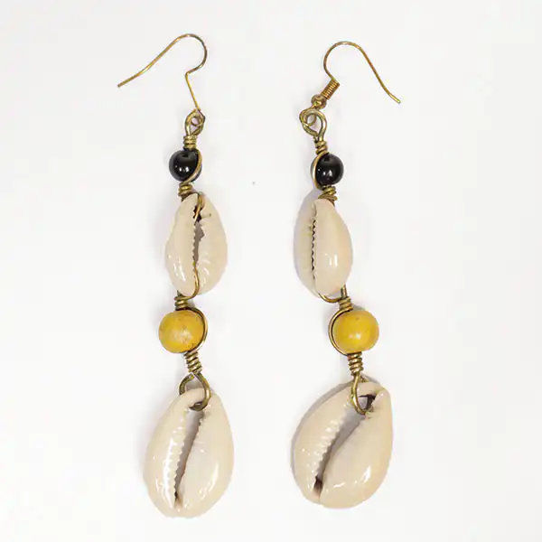 Black and Yellow Beads Cowrie Pendant Earrings – Handcrafted African Jewelry at Baobabmart