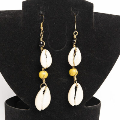 Black and Yellow Beads Cowrie Pendant Earrings – Handcrafted African Jewelry at Baobabmart