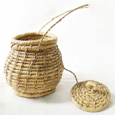 Cesta africana redonda con tapa | Cesta africana hecha a mano