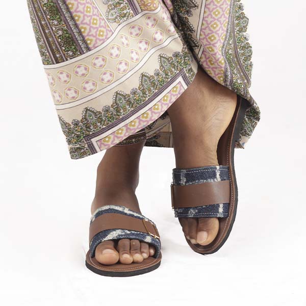 Brown Female Sandals with Ndop Fabric – Handcrafted African Footwear Available on Baobabmart