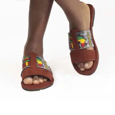 Traditional African Fabric and Velvet Brown Sandals – Handcrafted Authentic African Footwear Available at Baobabmart