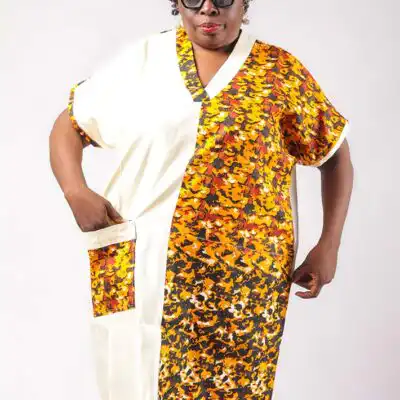 White and Yellow Mini Boubou for Women – Elegant African Dress at Baobabmart