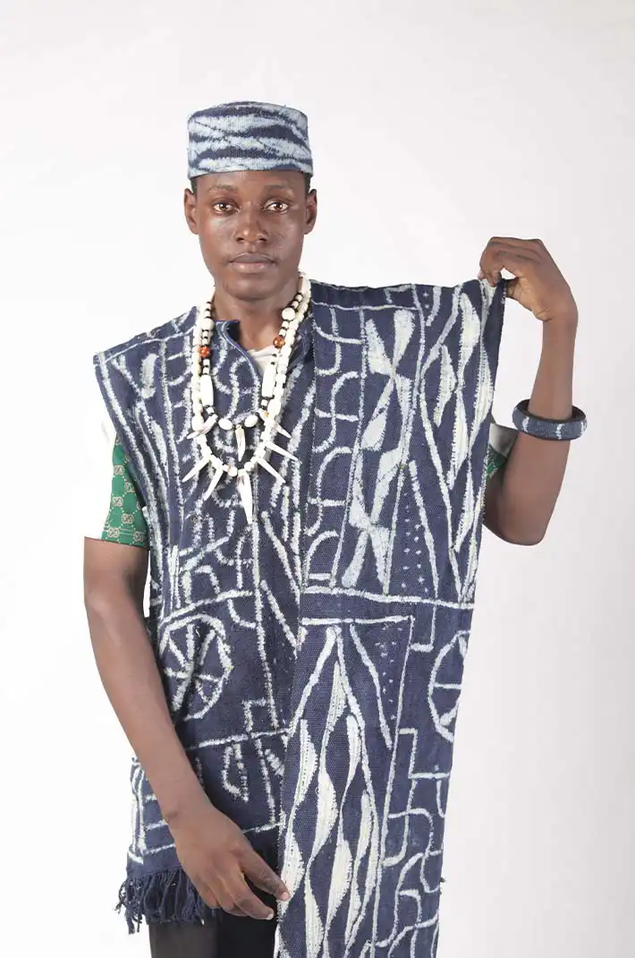 Traditional Ndop Boubou Male Set Clothing with Scarf, Hat, and Jewelry – Authentic African Attire at Baobabmart