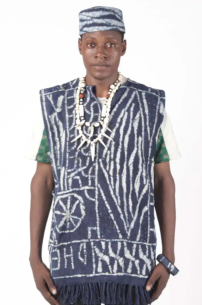 Traditional Ndop Boubou Male Set Clothing with Scarf, Hat, and Jewelry – Authentic African Attire at Baobabmart