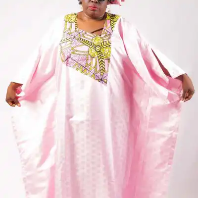Women Pink Boubou with Matching Scarf – Elegant African Wear Available at Baobabmart