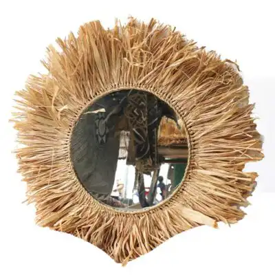 Espejo de pared redondo de rafia en venta Baobabmart