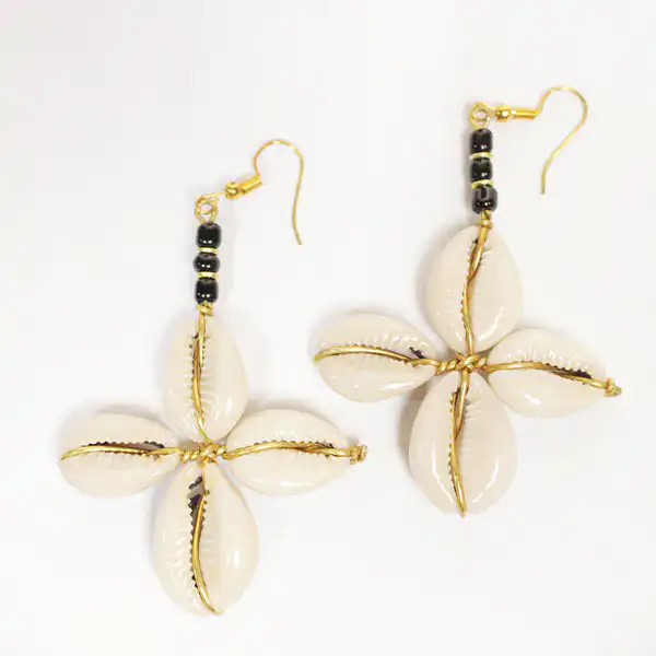 Star shaped cowrie earrings decorated with bronze1 Vintage Star Shaped Cowrie Earrings – Handcrafted African Jewelry at Baobabmart