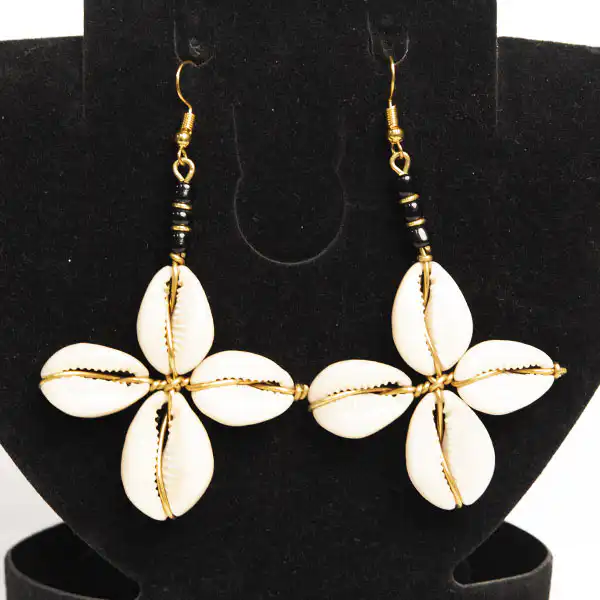 Star shaped cowrie earrings decorated with bronze3 Vintage Star Shaped Cowrie Earrings – Handcrafted African Jewelry at Baobabmart