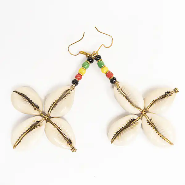 Star shaped cowrie earrings decorated with bronze4 Vintage Star Shaped Cowrie Earrings – Handcrafted African Jewelry at Baobabmart