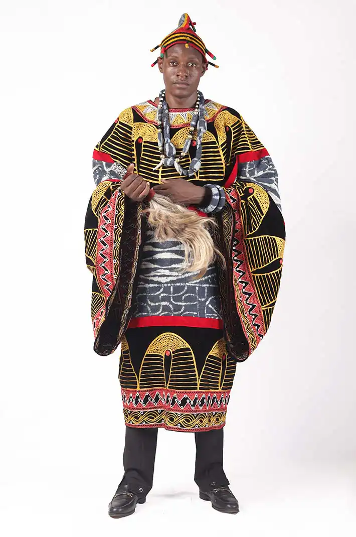 Cameroon Toghu Traditional Attire with Cap and Jewelries – Authentic African Wear at Baobabmart