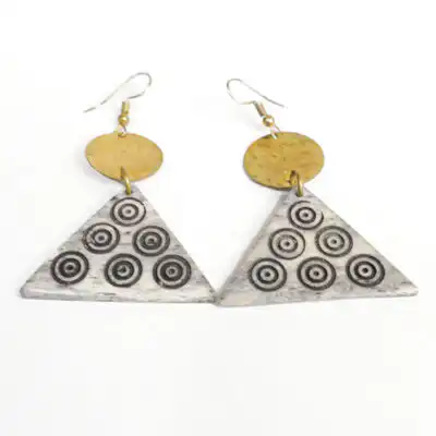 Triangle Ox Horn Earrings with Bronze Circles – Handcrafted African Jewelry at Baobabmart