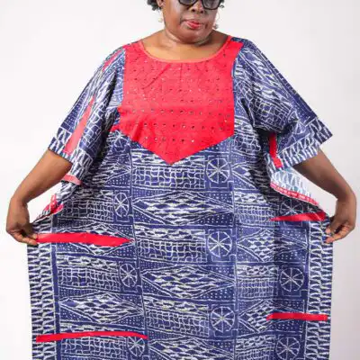Women Caftan Made of Ndop Fabric – Blue Boubou with Red Embroidery at Baobabmart