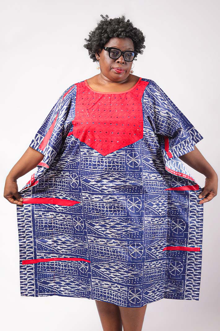 Women Caftan Made of Ndop Fabric – Blue Boubou with Red Embroidery at Baobabmart