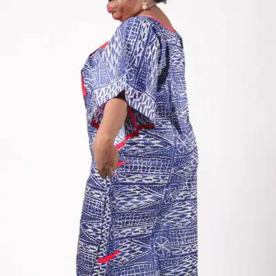 Women Caftan Made of Ndop Fabric – Blue Boubou with Red Embroidery at Baobabmart