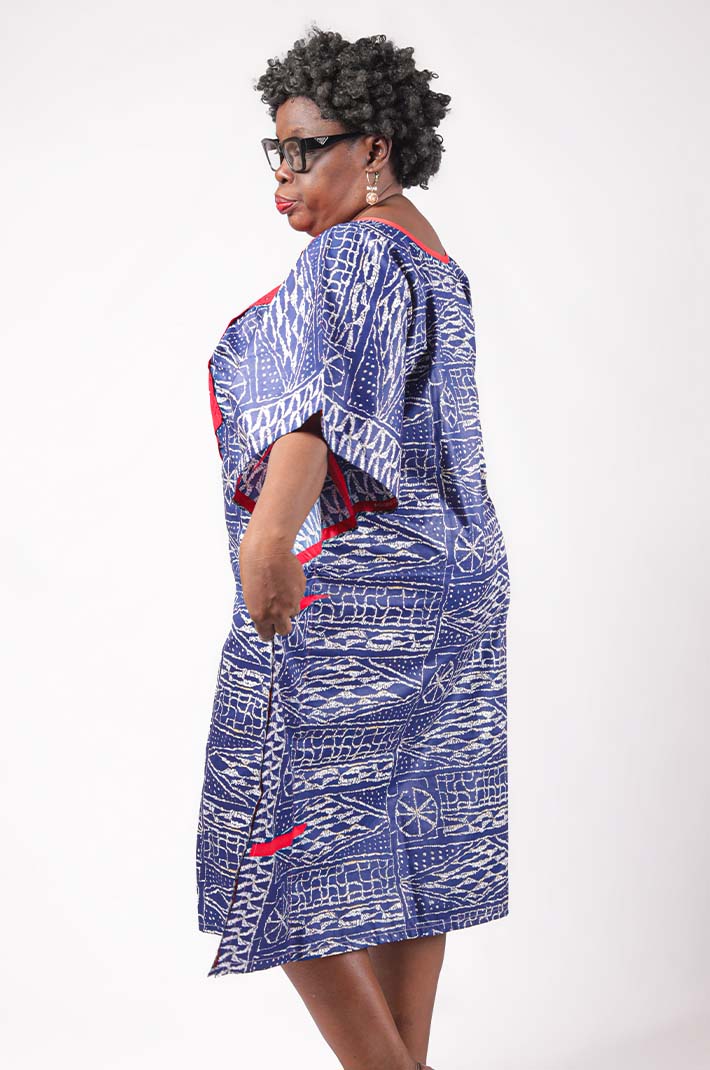 Women Caftan Made of Ndop Fabric – Blue Boubou with Red Embroidery at Baobabmart