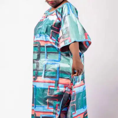 Women Blue Boubou with Geometric Patterns – Elegant and Authentic African Fashion at Baobabmart