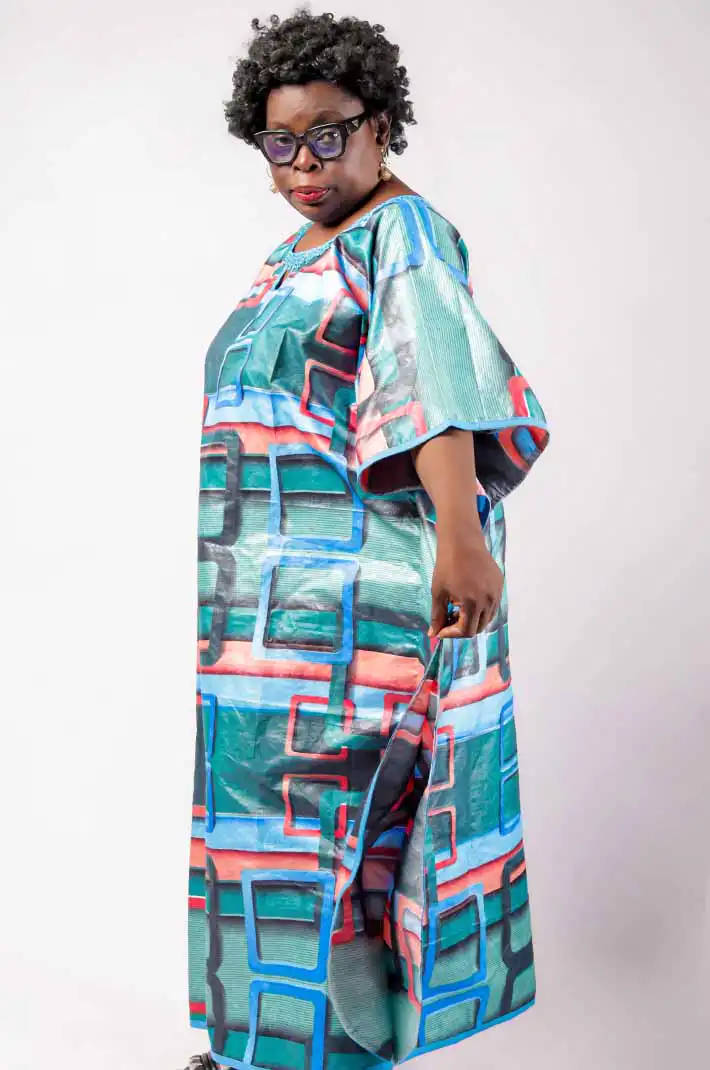 Women Blue Boubou with Geometric Patterns – Elegant and Authentic African Fashion at Baobabmart