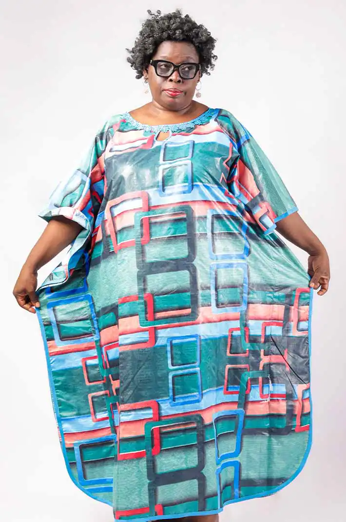 Women Blue Boubou with Geometric Patterns – Elegant and Authentic African Fashion at Baobabmart