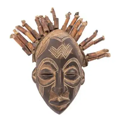 African Chokwe Mask with bamboo hair and wood, handcrafted in Cameroon, perfect for decor or collections, available at BaobabMart.