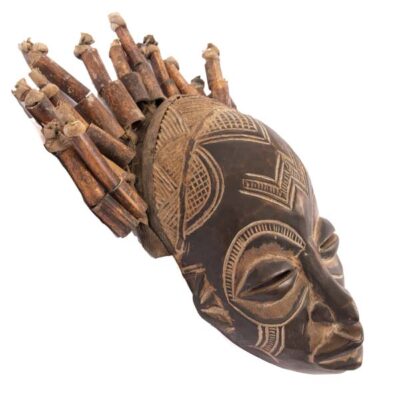 African Chokwe Mask with bamboo hair and wood, handcrafted in Cameroon, perfect for decor or collections, available at BaobabMart.