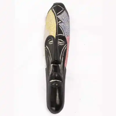 Colorful African Fang Wooden Mask, handcrafted and handpainted, vibrant African wall art, available at BaobabMart.