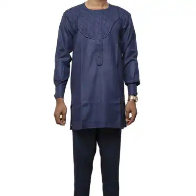 African Male Royal Blue Dashiki Set with bold African patterns, available at Baobabmart.
