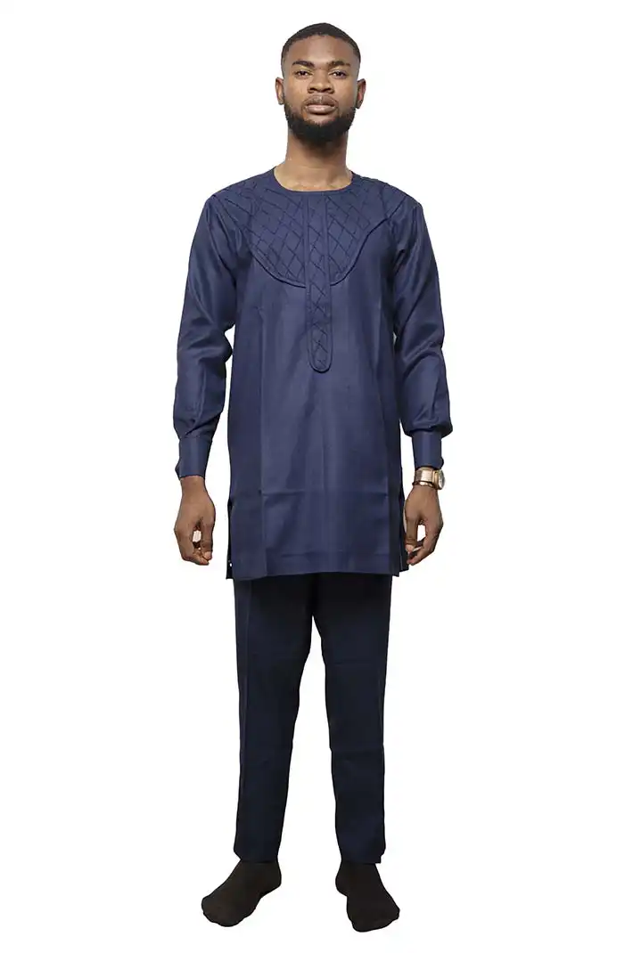 African Male Royal Blue Dashiki Set with bold African patterns, available at Baobabmart.