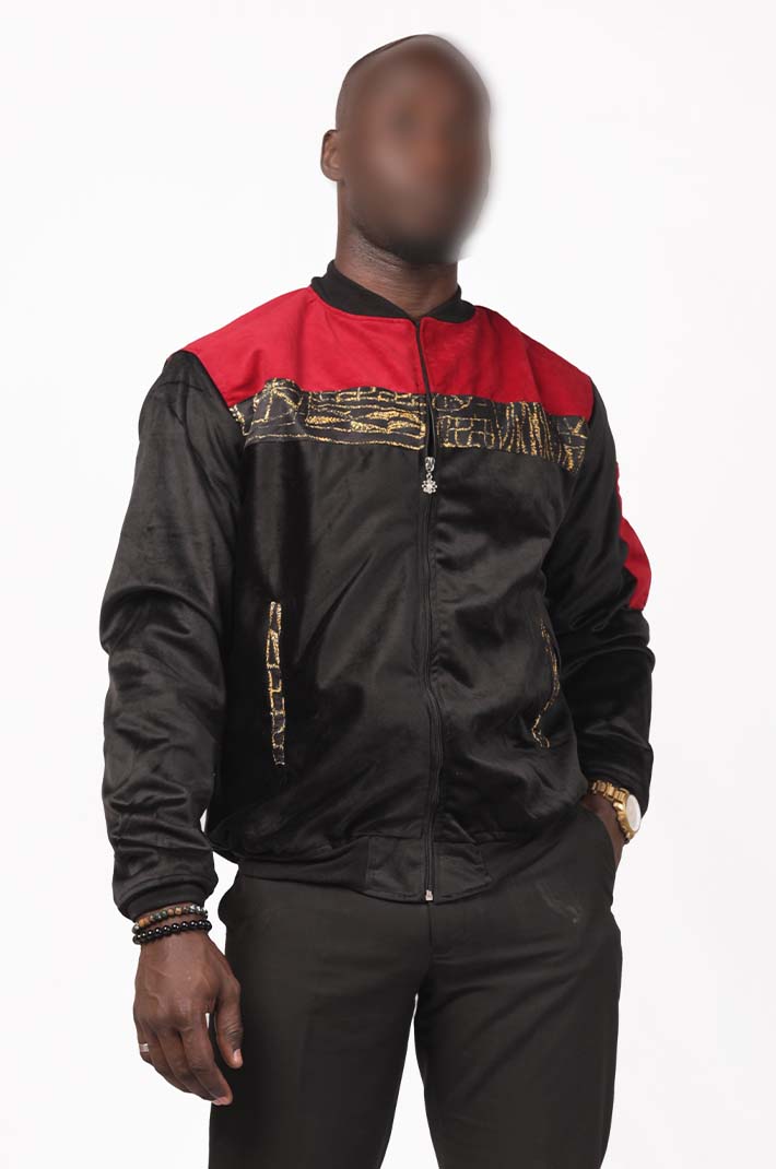 Stylish Bold Black and Red Afritude Jacket with left pocket, available on Baobabmart.