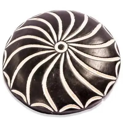 Black and White Round Bamileke Shield, authentic African decor piece, available at Baobabmart.