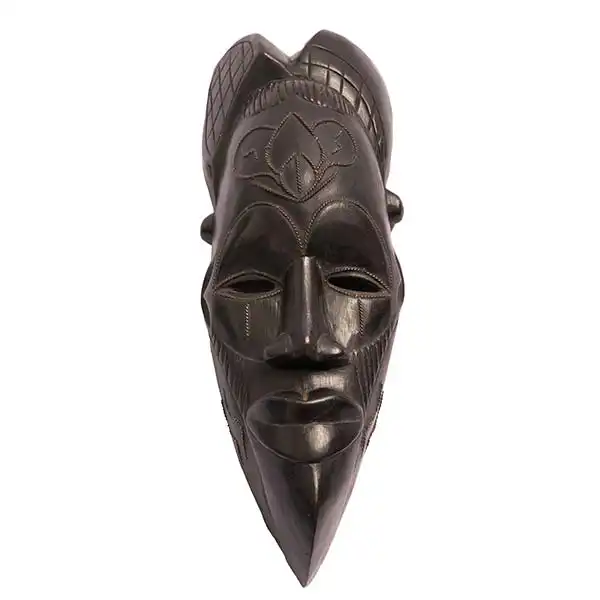 Black Hand Carved African Wooden Mask, intricately designed for decor or collections, available at BaobabMart.