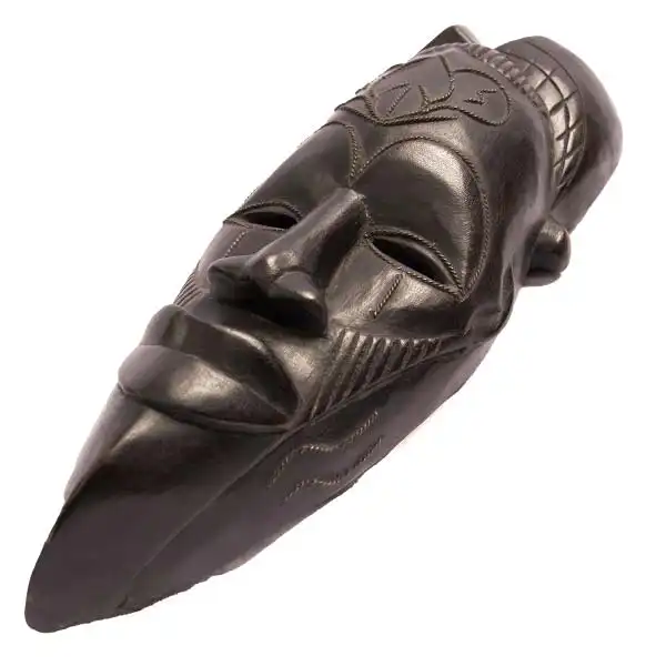 Black wood carved African mask 5 Black Hand Carved African Wooden Mask, intricately designed for decor or collections, available at BaobabMart.