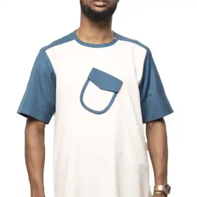 Blue and White Short Sleeves Men Shirt with front pocket, ideal for casual and semi-formal wear, available at Baobabmart.