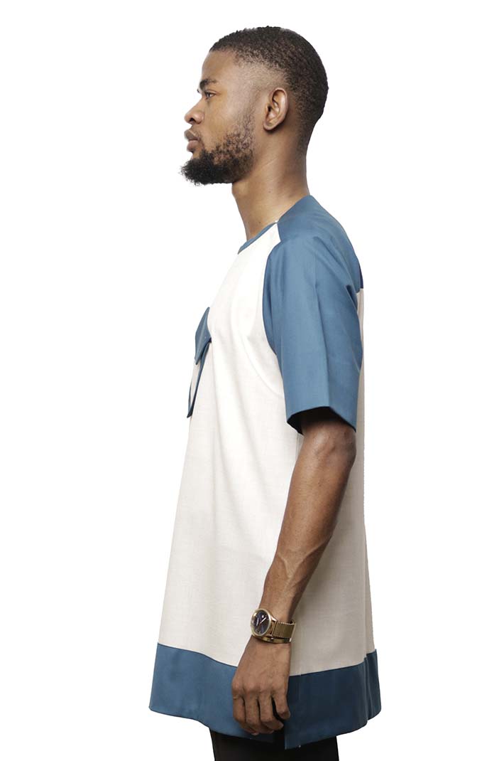 Blue and White Short Sleeves Men Shirt with front pocket, ideal for casual and semi-formal wear, available at Baobabmart.