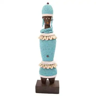 Blue Female African Namji Doll, handcrafted with intricate beadwork and vibrant blue accents, perfect for decor or collections, available at BaobabMart.