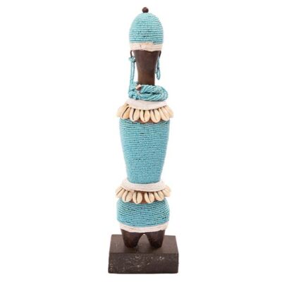 Blue Female African Namji Doll, handcrafted with intricate beadwork and vibrant blue accents, perfect for decor or collections, available at BaobabMart.
