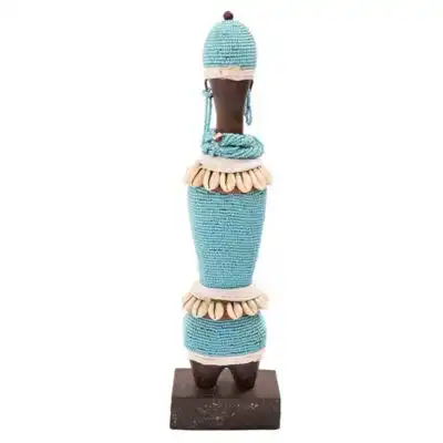 Blue Female African Namji Doll, handcrafted with intricate beadwork and vibrant blue accents, perfect for decor or collections, available at BaobabMart.