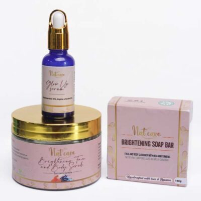 Nat Care Body Scrub Serum and Soap Bar set, a complete skincare trio for cleansing, exfoliating, and brightening, available at BaobabMart.