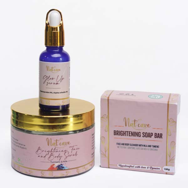 Nat Care Body Scrub Serum and Soap Bar set, a complete skincare trio for cleansing, exfoliating, and brightening, available at BaobabMart.
