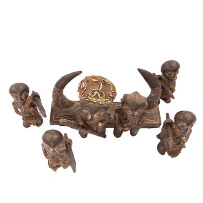 Cameroon Grassfield Royal Sculpture Collection featuring King, Queen, and four Guards, handcrafted with intricate detailing, available at BaobabMart.