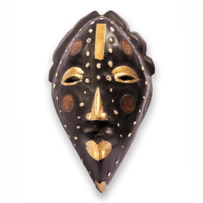 Female African Coins and Cowries Mask with vintage coins and cowrie shells, authentic African art available at Baobabmart.