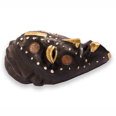 Female African Coins and Cowries Mask with vintage coins and cowrie shells, authentic African art available at Baobabmart.