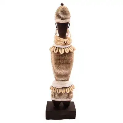 Female Namji African Doll crafted with wood and cowrie shells, showcasing authentic African artistry, available at Baobabmart.