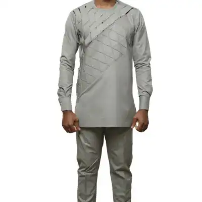 Grey African Men Long Sleeves Kaftan with traditional design, perfect for formal and casual events, available at Baobabmart.