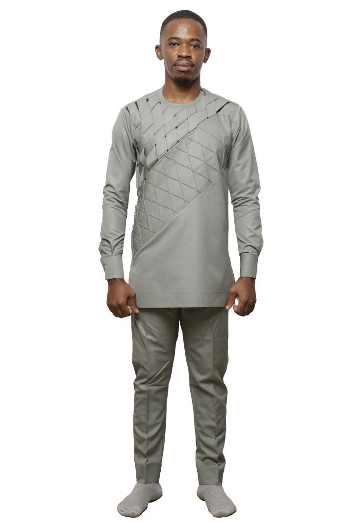 Grey African Men Long Sleeves Kaftan with traditional design, perfect for formal and casual events, available at Baobabmart.