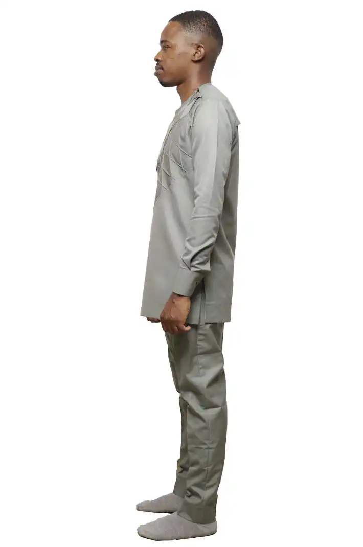 Grey African Men Long Sleeves Kaftan with traditional design, perfect for formal and casual events, available at Baobabmart.