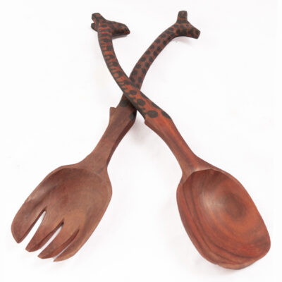 Large Giraffe Wood Serving Spoon Set, hand-carved with giraffe-inspired designs, perfect for serving large portions or decor, available at Baobabmart.
