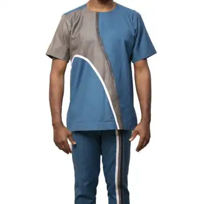 Blue and Grey Dashiki Tracksuit for Men with traditional African patterns, ideal for casual and active wear, available at Baobabmart.