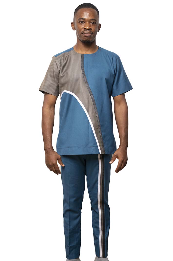 Blue and Grey Dashiki Tracksuit for Men with traditional African patterns, ideal for casual and active wear, available at Baobabmart.